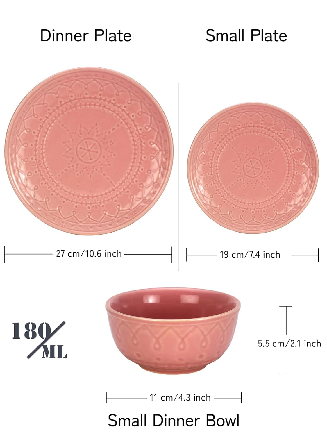 Handcrafted Stoneware Embossed Ceramic Dinner Set Of 18 Pcs - Light Pink | 6 Dinner Plates+ 6 Small Plates+ 6 Small Dinner Bowls, 180ml Each | Microwave & Dishwasher Safe - Serving For 6 - Image 3
