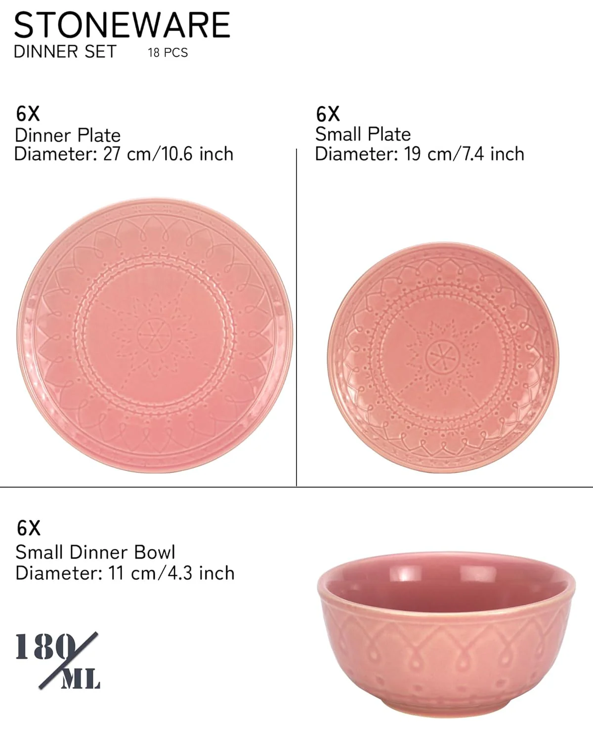 Handcrafted Stoneware Embossed Ceramic Dinner Set Of 18 Pcs - Light Pink | 6 Dinner Plates+ 6 Small Plates+ 6 Small Dinner Bowls, 180ml Each | Microwave & Dishwasher Safe - Serving For 6 - Image 4