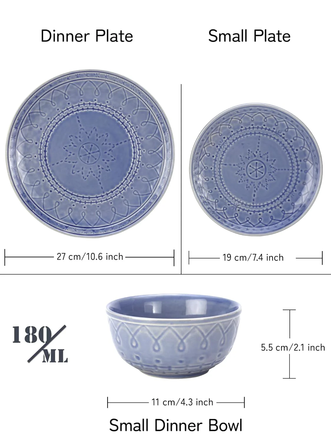 Handcrafted Stoneware Embossed Ceramic Dinner Set Of 18 Pcs - Mist Blue | 6 Dinner Plates+ 6 Small Plates+ 6 Small Dinner Bowls, 180ml Each | Microwave & Dishwasher Safe - Serving For 6 - Image 3