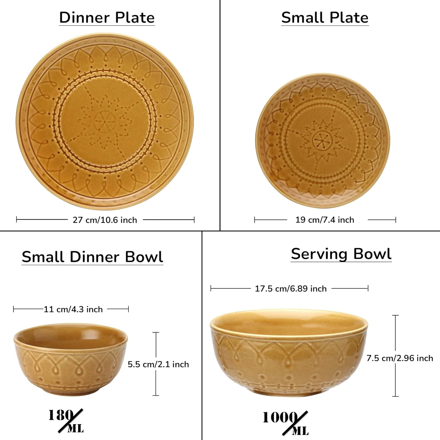 Handcrafted Stoneware Embossed Ceramic Dinner Set Of 20 Pcs With Serving Bowl Set - Golden Brown | 6 Dinner Plates+ 6 Small Plates+ 6 Small Dinner Bowls, 180ml Each+ 2 Serving Bowl, 1000ml Each - Image 3