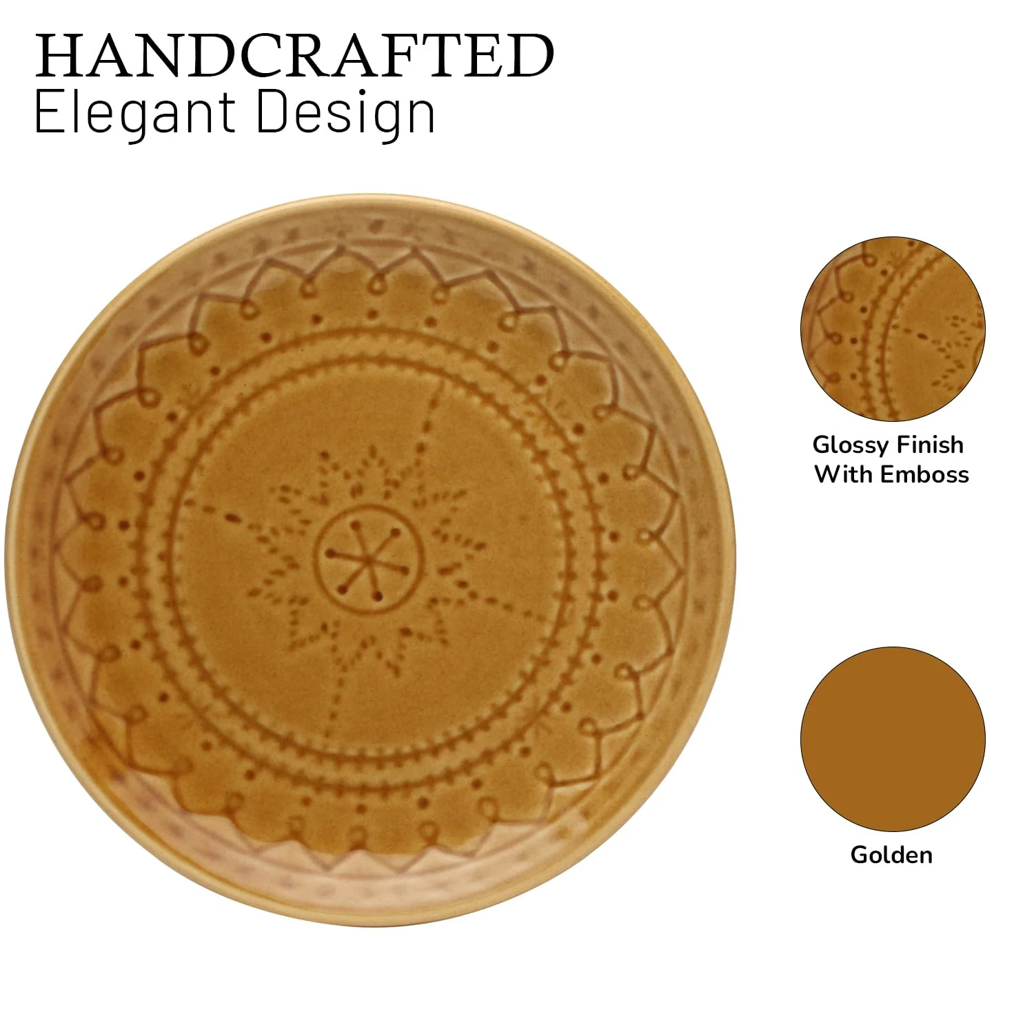 Handcrafted Stoneware Embossed Ceramic Dinner Set Of 20 Pcs With Serving Bowl Set - Golden Brown | 6 Dinner Plates+ 6 Small Plates+ 6 Small Dinner Bowls, 180ml Each+ 2 Serving Bowl, 1000ml Each - Image 4