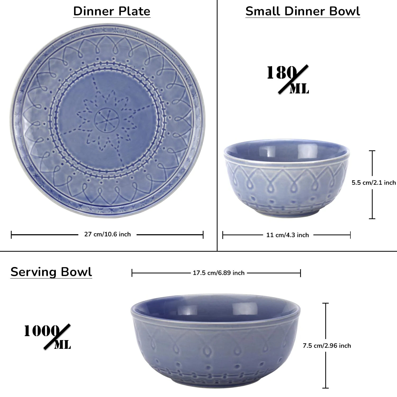 Handcrafted Stoneware Embossed Ceramic Dinner Set Of 20 Pcs With Serving Bowl Set - Mist Blue | 6 Dinner Plates+ 12 Small Dinner Bowls, 180ml Each+ 2 Serving Bowl, 1000ml Each | Serving For 6 - Image 4