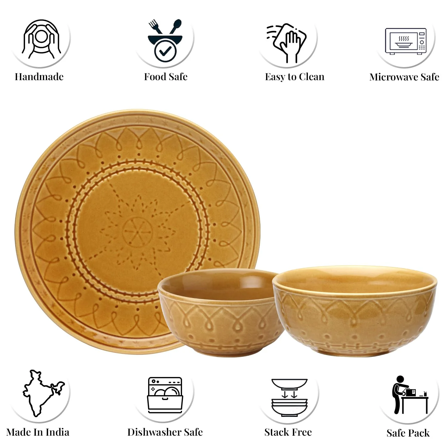 Handcrafted Stoneware Embossed Ceramic Dinner Set Of 20 Pcs With Serving Bowls Set - Golden Brown | 6 Dinner Plates+ 12 Small Dinner Bowls, 180ml Each+ 2 Serving Bowl, 1000ml Each | Serving For 6 - Image 4