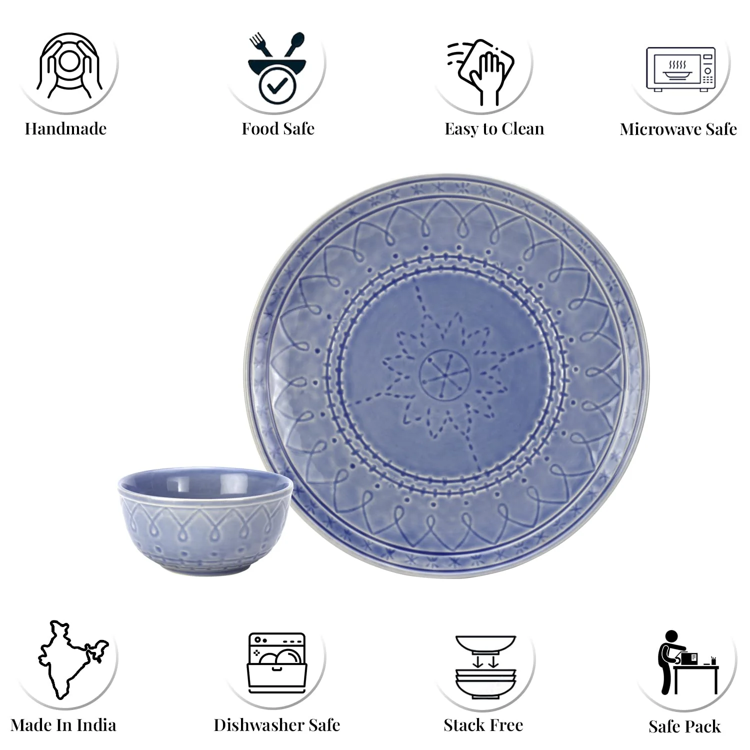 Handcrafted Stoneware Embossed Ceramic Dinner Set Of 4 Pcs - Mist Blue | 2 Dinner Plates + 2 Small Dinner Bowls, 180ml Each - Microwave & Dishwasher Safe - Image 4