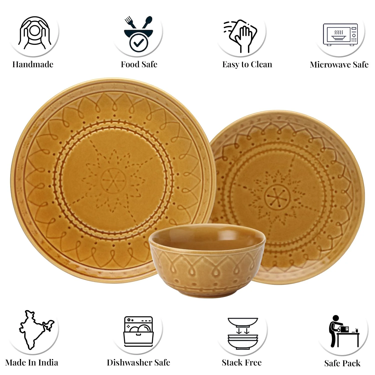Handcrafted Stoneware Embossed Ceramic Dinner Set Of 6 Pcs - Golden Brown | 2 Dinner Plates+ 2 Small Plates+ 2 Small Bowls, 180ml Each - Microwave & Dishwasher Safe | Serving For 2 - Image 4