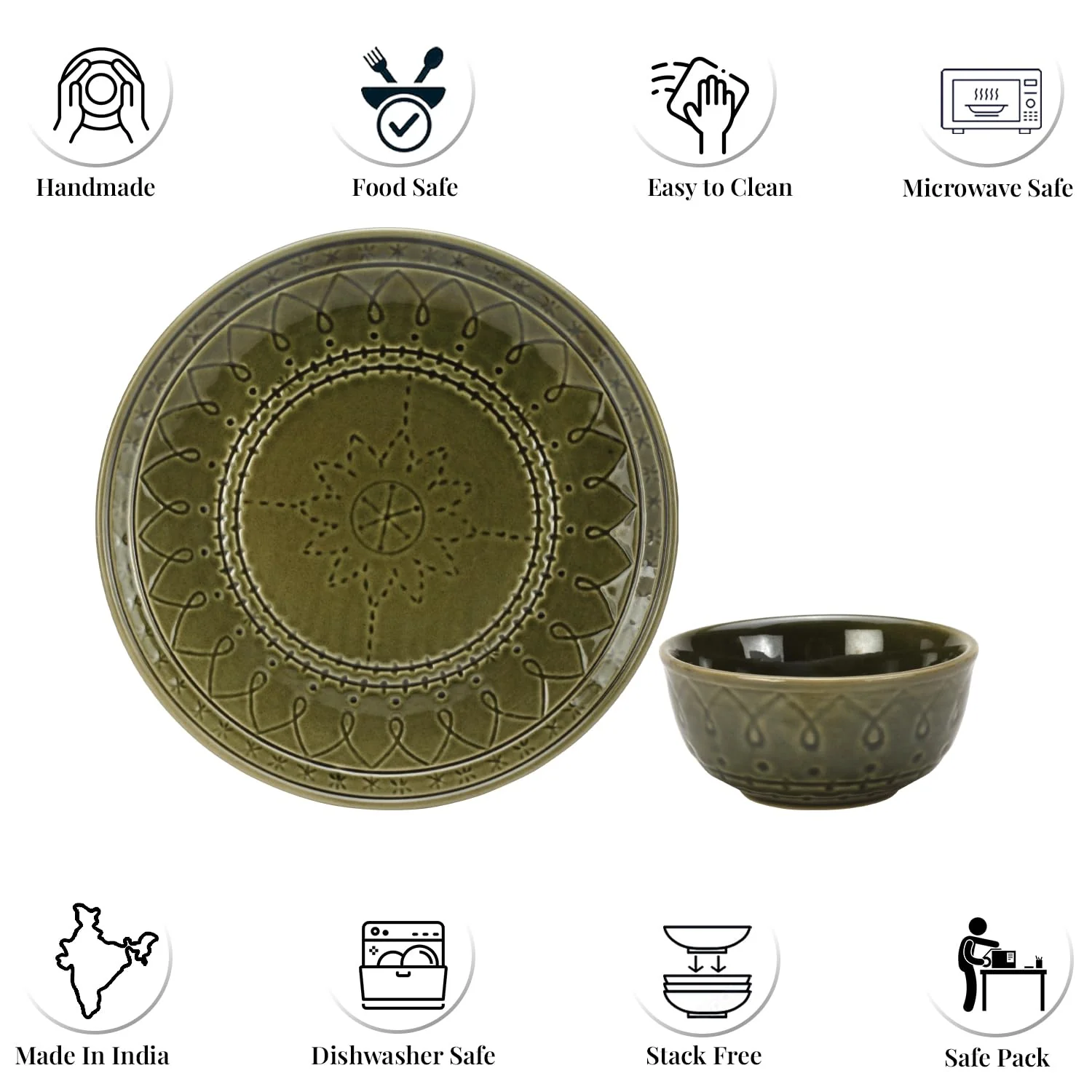 Handcrafted Stoneware Embossed Ceramic Dinner Set Of 6 Pcs - Moss Green | 2 Dinner Plates + 4 Salad Bowls, 180ml Each - Microwave & Dishwasher Safe - Image 4