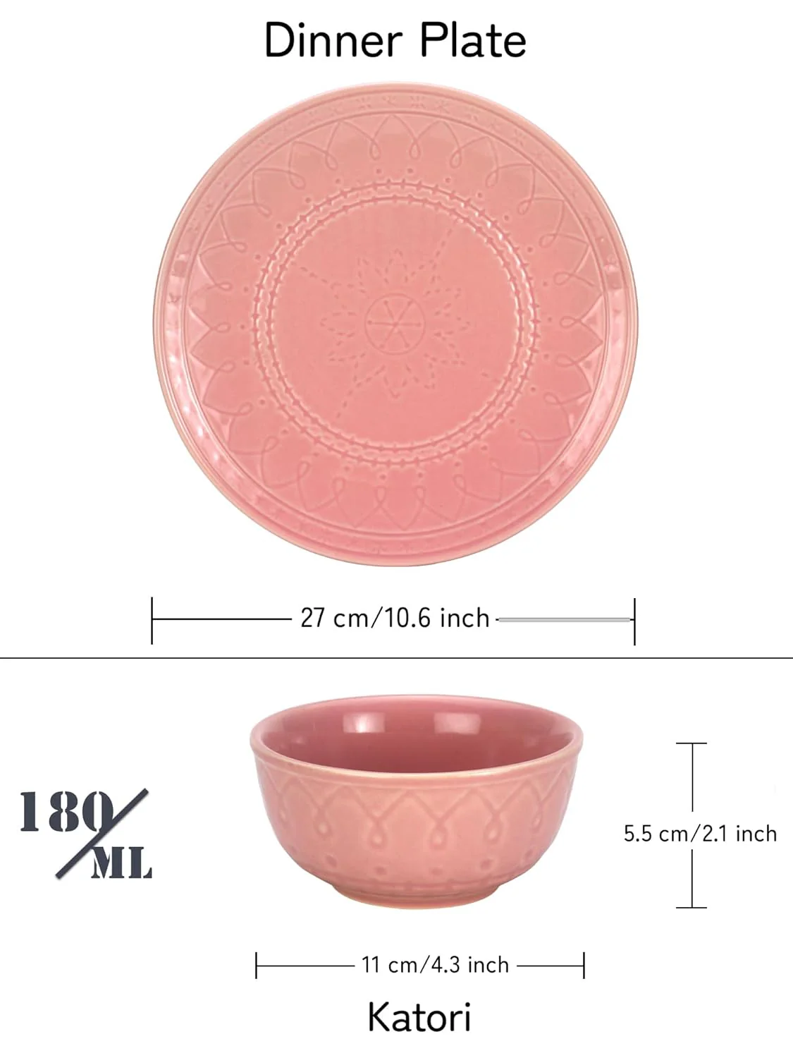 Handcrafted Stoneware Embossed Dinner Set Of 4 - Ceramic Pack Of 8 Pcs, Light Pink | 4 Dinner Plates + 4 Bowl Or Katoris, 180ml Each - Microwave & Dishwasher Safe | Serving For 4 - Image 4