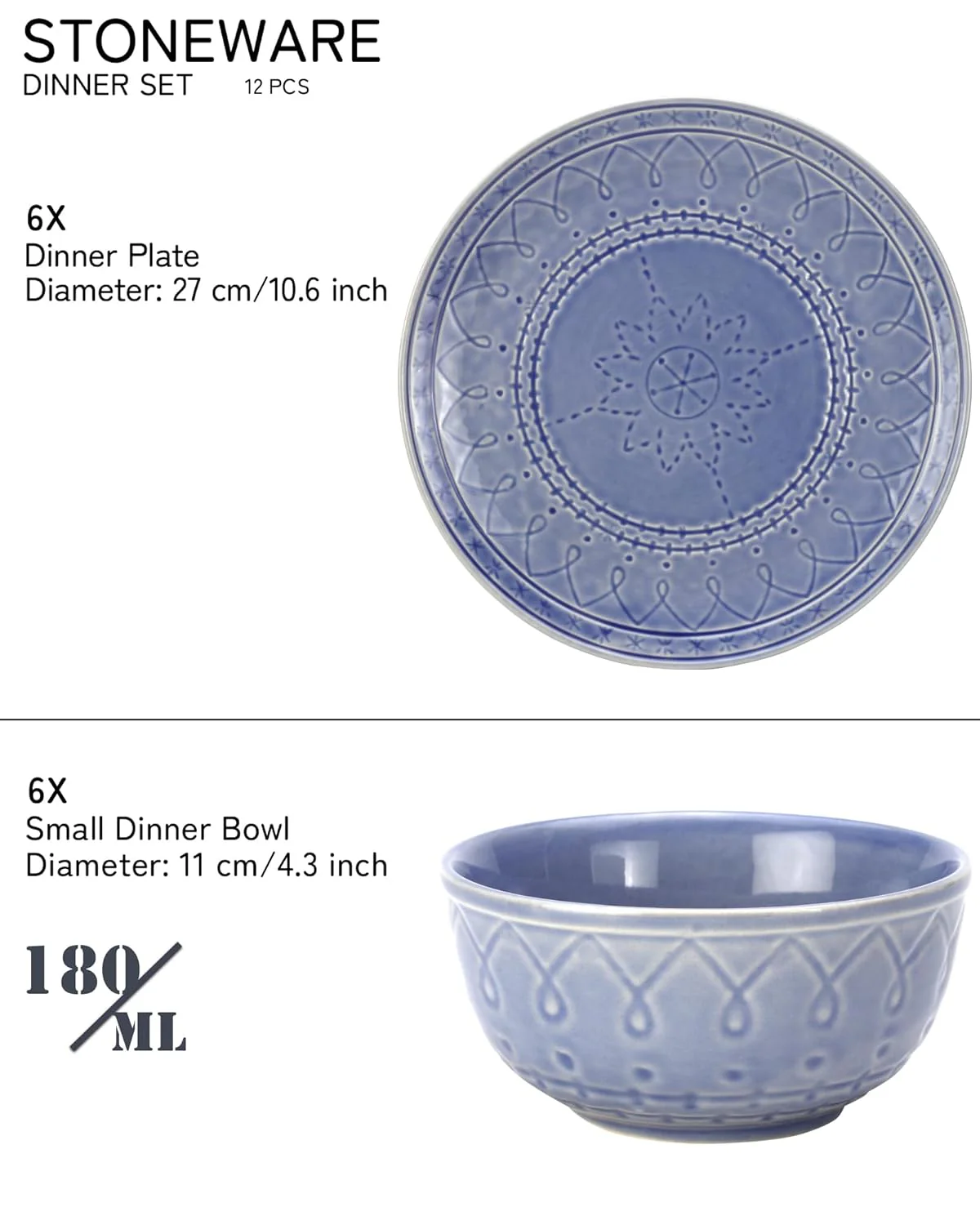 Handcrafted Stoneware Embossed Dinner Set Of 6 - Ceramic Pack Of 12 Pcs, Mist Blue | 4 Dinner Plates + 4 Bowl Or Katori, 180ml Each - Microwave & Dishwasher Safe | Serving For 6 - Image 3