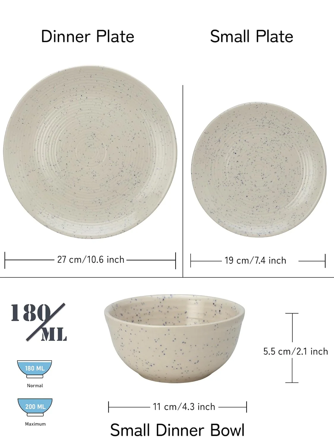 Handmade Ceramic Solid Dinner Set Of 18 - Ivory White | 6 Dinner Plates, 10.6 Inch Each+ 6 Small Plates, 7.4 Inch Each + 6 Small Dinner Bowls, 180ml Each - Microwave & Dishwasher Safe - Image 3