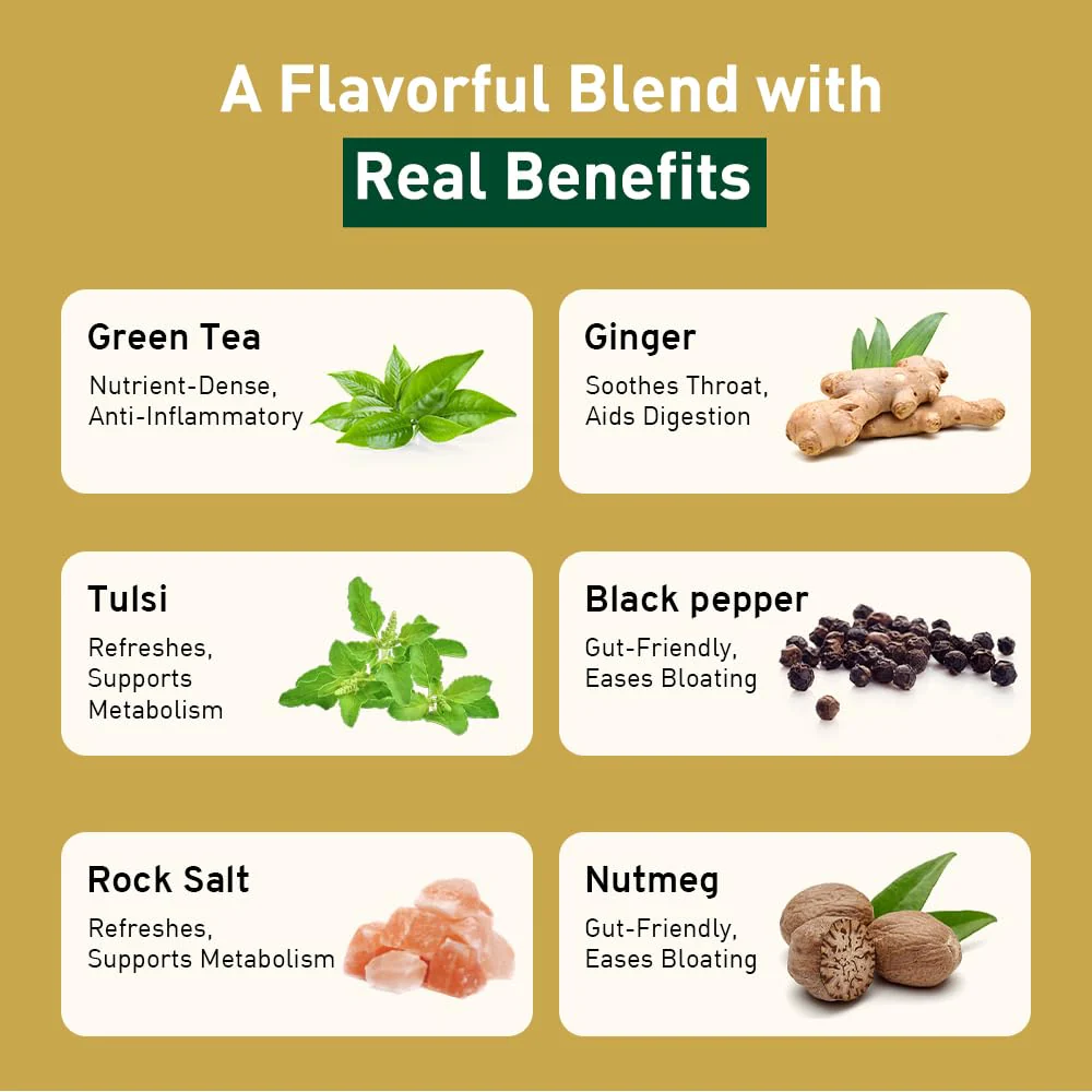 Handpick Vedic Detox Kahwa Green Tea With Rich Spice & Rocksalt - 100 Tea Bags | Blend Of 10 Real Ayurvedic Herbs - Tulsi, Ginger, Black Pepper, Clove, Nutmeg & Rock Salt | Medium Caffeine - Image 2