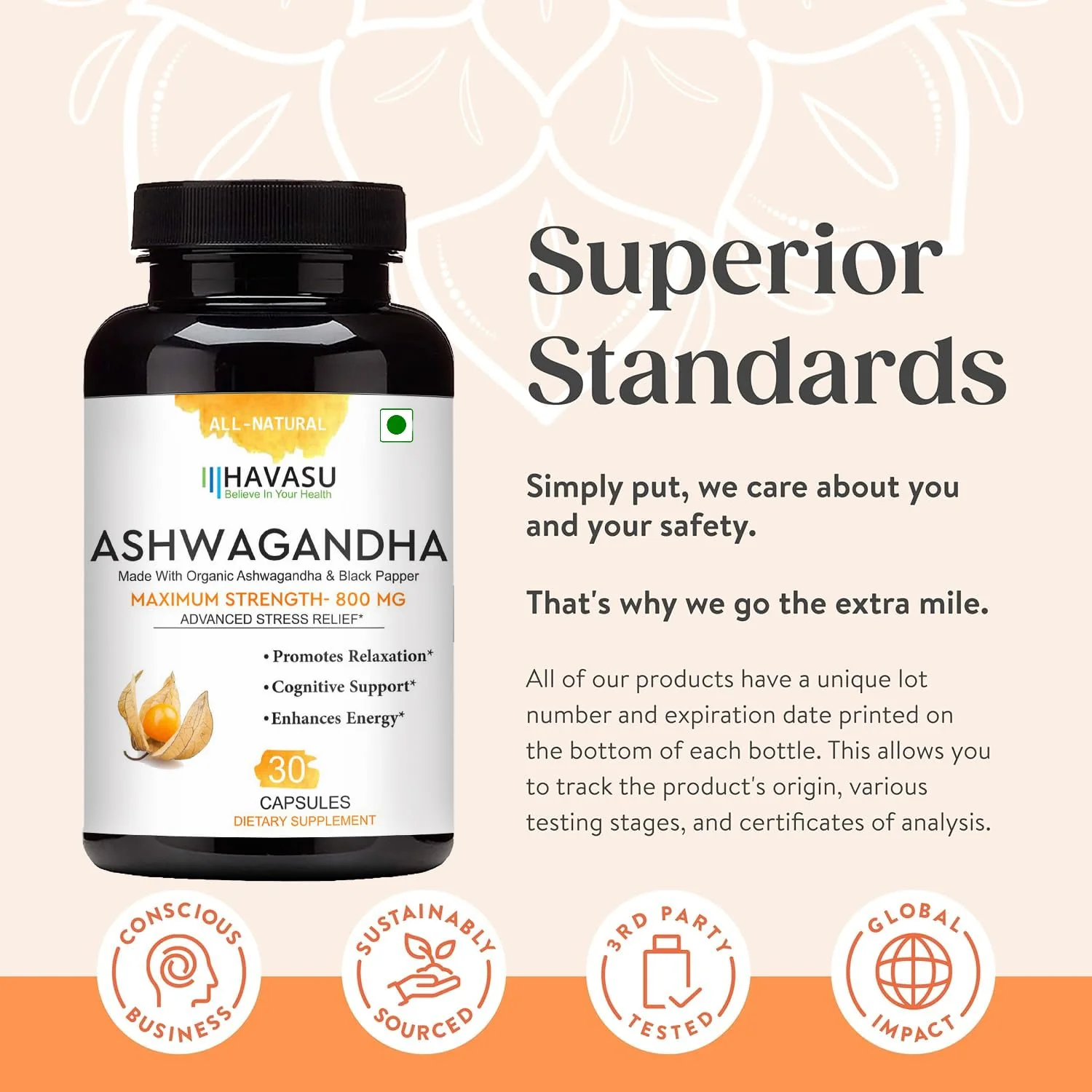 Havasu Organic Ashwagandha Root With Black Pepper 800mg, Natural Stress & Mood Relief, Sleep Support Supplement Ayurvedic Nootropic For Focus & Energy | 30 Capsules 50gm 0.1lbs - Image 5
