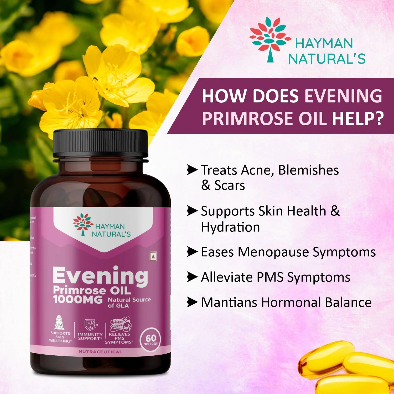 Hayman Natural's Evening Primrose Oil Capsules 1000mg For Healthy Skin, Supports Hormonal Balance In Women, Helpful In Pms & Menopause | 60 Capsules 100gm 0.2lbs - Image 4