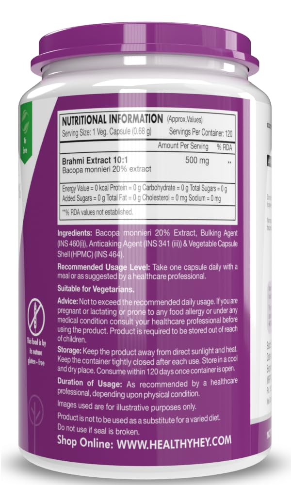 Healthyhey Nutrition Brahmi Bacopa Monnieri Support Memory & Brain Health, Stress Management, Central Nervous System Support | 120 Veg Capsules 200gm 0.4lbs - Image 2