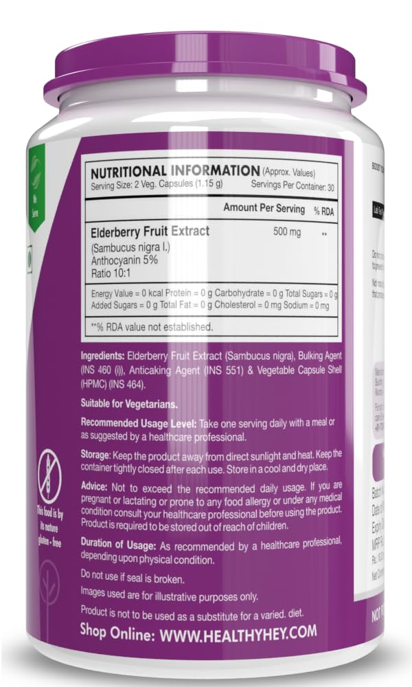 Healthyhey Nutrition Natural Elderberry Fruit Extract, For Boost Immunity | 60 Vegetable Capsules 100gm 0.2lbs - Image 2