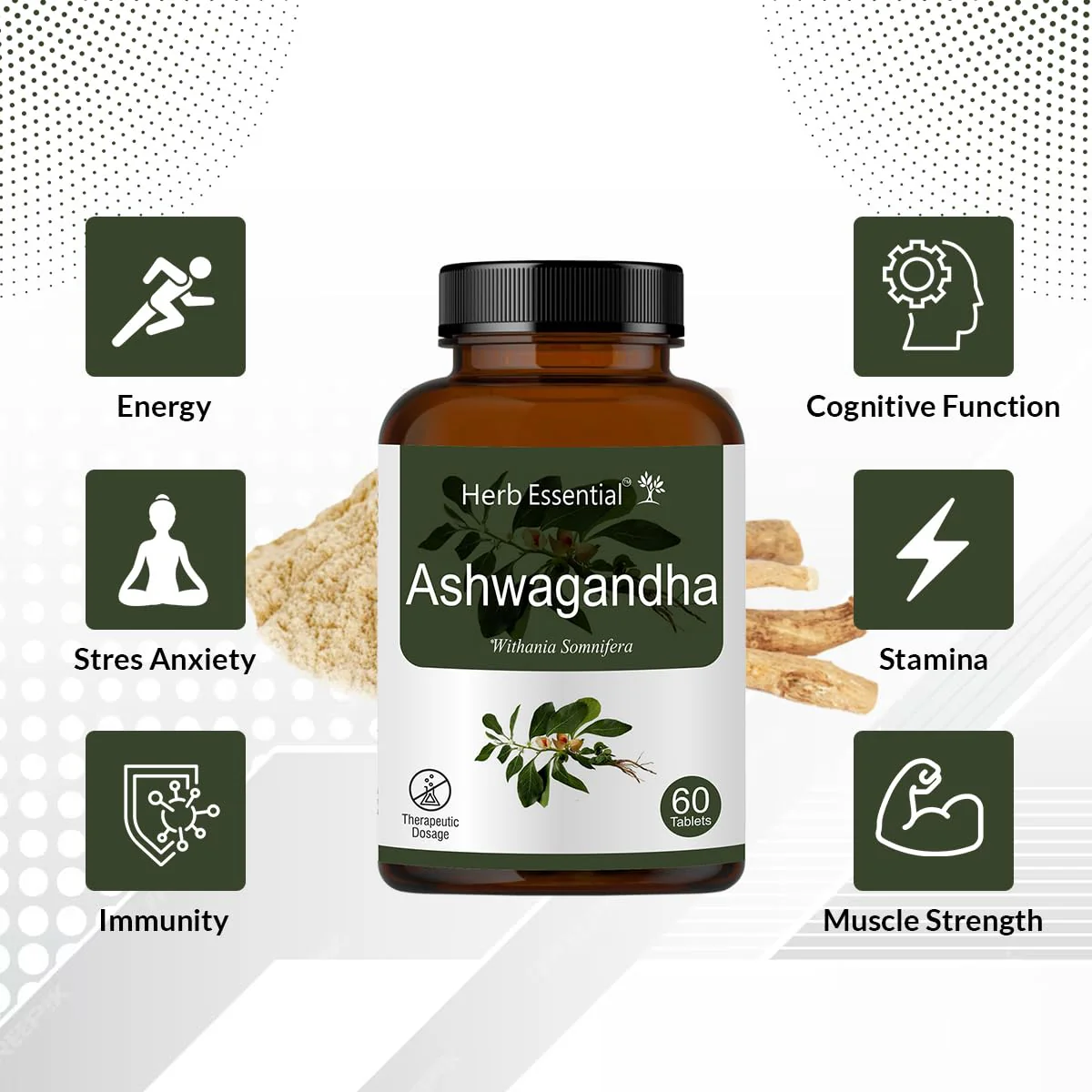 Herb Essential Ashwagandha Tablets, 500mg, Extra Energy, Stress Relief Rich In Antioxidants, Immunity Booster, 100% Natural | 60 Tablets 100gm 0.2lbs - Image 2