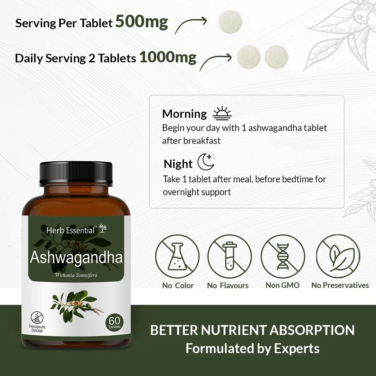 Herb Essential Ashwagandha Tablets, 500mg, Extra Energy, Stress Relief Rich In Antioxidants, Immunity Booster, 100% Natural | 60 Tablets 100gm 0.2lbs Each Pack Of 2 - Image 4