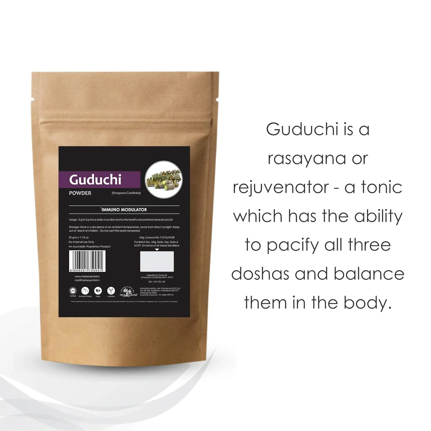 Herb Essential Pure Guduchi Giloy Tinospora Cordifolia Powder, Increases The Body's Resistance To Stress, Anxiety & Illness | 50gm 0.1lbs - Image 2