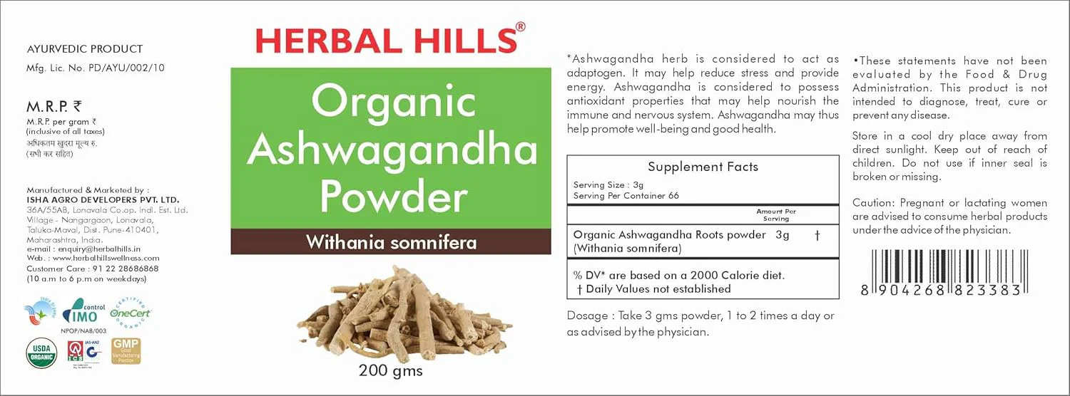 Herbal Hills Organic Ashwagandha Herbal Powder, Great Source Of Energy For Men & Women | 200gm 0.4lbs Each Pack Of 2 - Image 2
