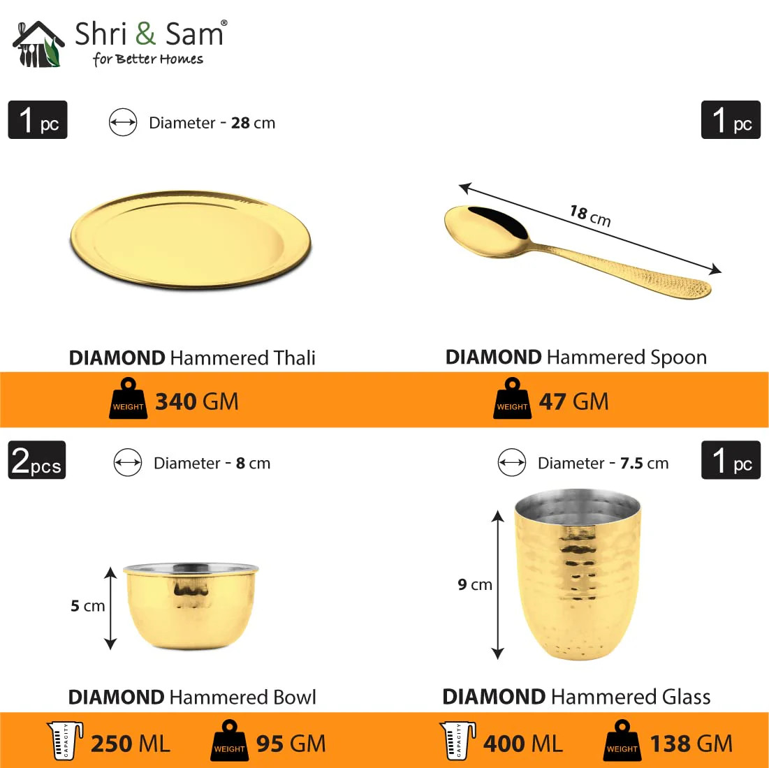 High Grade Stainless Steel Diamond Hammered Gold Thali Set With PVD Coating, 5 Pieces | 1 Thali+ 1 Glass+ 2 Katoris+ 1 Spoon - Dishwasher Friendly - Image 2