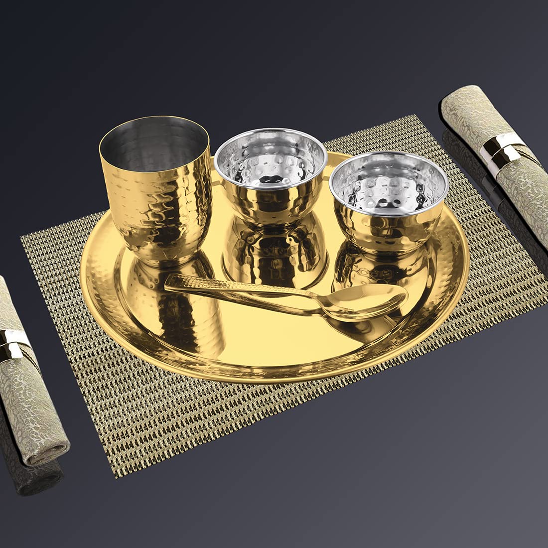 High Grade Stainless Steel Diamond Hammered Gold Thali Set With PVD Coating, 5 Pieces | 1 Thali+ 1 Glass+ 2 Katoris+ 1 Spoon - Dishwasher Friendly - Image 3