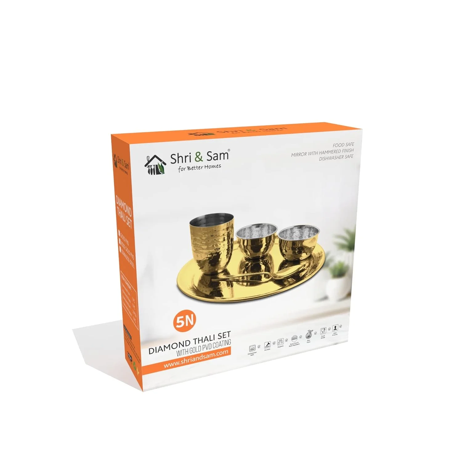 High Grade Stainless Steel Diamond Hammered Gold Thali Set With PVD Coating, 5 Pieces | 1 Thali+ 1 Glass+ 2 Katoris+ 1 Spoon - Dishwasher Friendly - Image 4
