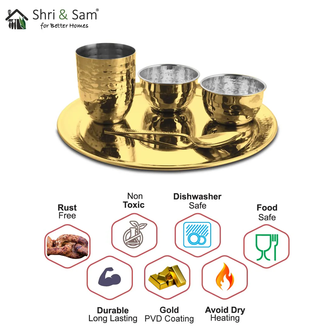 High Grade Stainless Steel Diamond Hammered Gold Thali Set With PVD Coating, 5 Pieces | 1 Thali+ 1 Glass+ 2 Katoris+ 1 Spoon - Dishwasher Friendly - Image 6