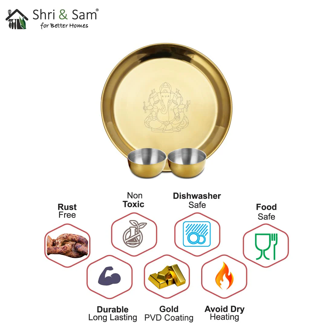 High Grade Stainless Steel Ganesh Pooja Thali Set Gold PVD Coating, 3-Pieces | 1 Pooja Thali+ 2 Bowls - Image 6