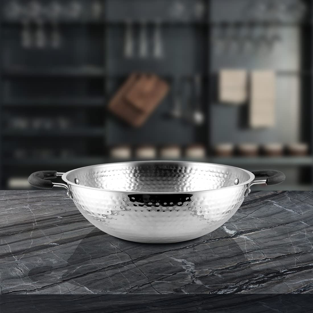 High Grade Stainless Steel Hammered Kadhai 28 Cm - Silver, 4 Liters | Easy To Clean & Dishwasher Safe - Image 4