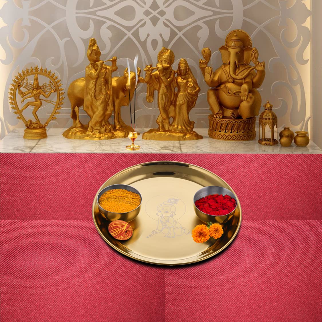High Grade Stainless Steel Kanha Pooja Thali Set With Gold PVD Coating, 3 Pieces | 1 Pooja Thali+ 2 Katoris - Easy To Clean & Dishwasher Safe - Image 3