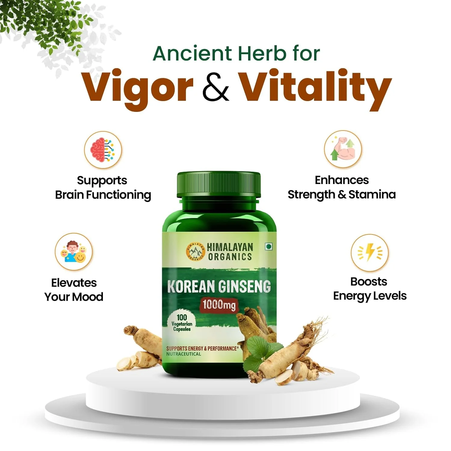 Himalayan Organic Korean Red Ginseng 1000mg For Men, Supports Brain Function, Boosts Immunity, Energy & Focus | 100 Capsules 100gm 0.2lbs - Image 2