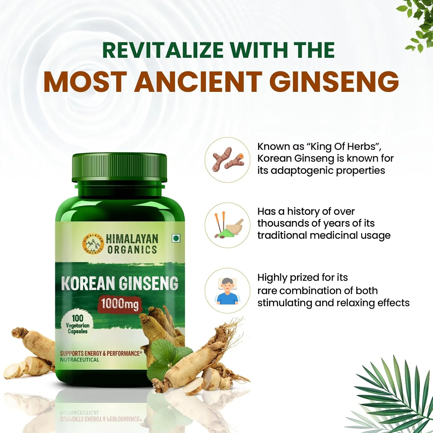 Himalayan Organic Korean Red Ginseng 1000mg For Men, Supports Brain Function, Boosts Immunity, Energy & Focus | 100 Capsules 100gm 0.2lbs - Image 3