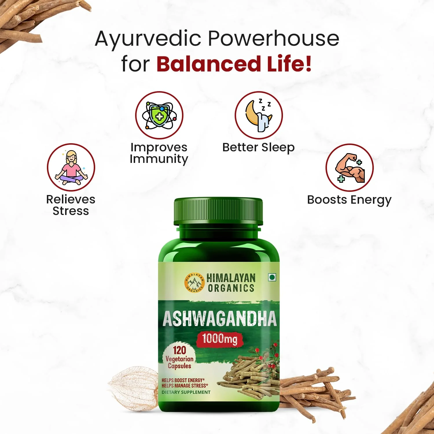 Himalayan Organics Ashwagandha 1000mg, Boost Energy, Strength, Stamina Helps Anxiety & Stress Relief For Men & Women | 120 Capsules 200gm 0.4lbs - Image 2
