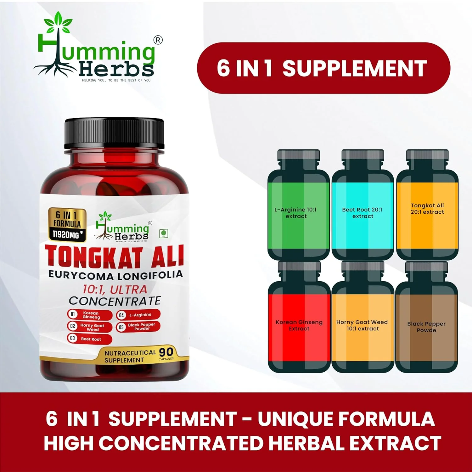 Humming Herbs Tongkat Ali Eurycoma Longifolia 6 - In - 1 Blend With Korean Ginseng, Horny Goat Weed, L- Arginine, Black Pepper Powder & Beet Root For Men's Health | 90 Capsules 150gm 0.3lbs - Image 4
