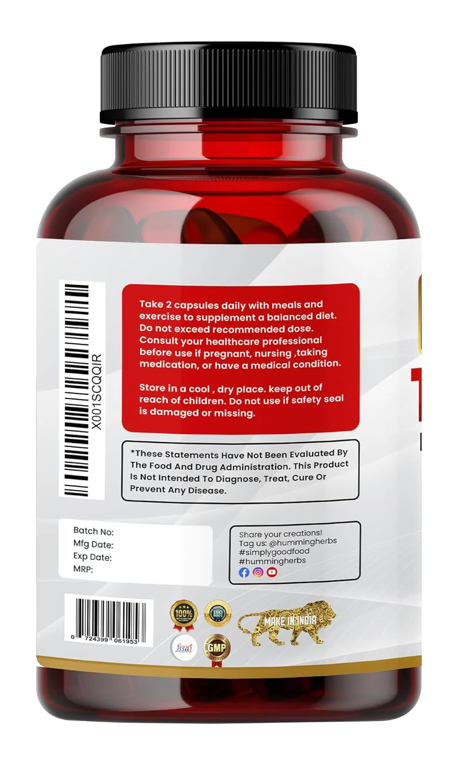 Humming Herbs Tongkat Ali Eurycoma Longifolia 6 - In - 1 Blend With Korean Ginseng, Horny Goat Weed, L- Arginine, Black Pepper Powder & Beet Root For Men's Health | 90 Capsules 150gm 0.3lbs - Image 5