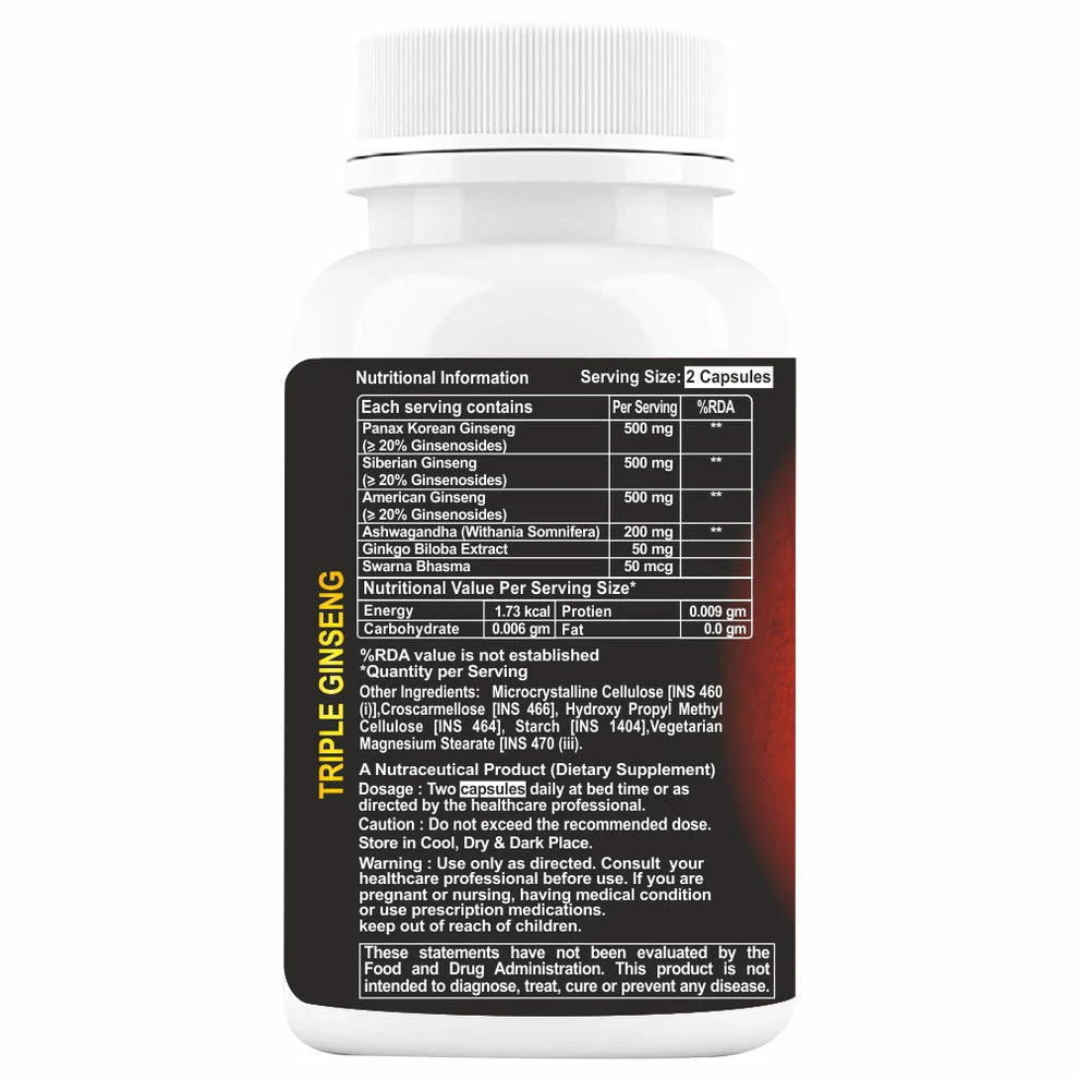 Hxn Ginseng Tablets For Men, Triple Strength With Panax Korean Red Ginseng+ As Dietary Supplement, Ginseng Powder Root Extract With Ginkgo Biloba Leaf | 60 Tablets 100gm 0.2lbs - Image 2