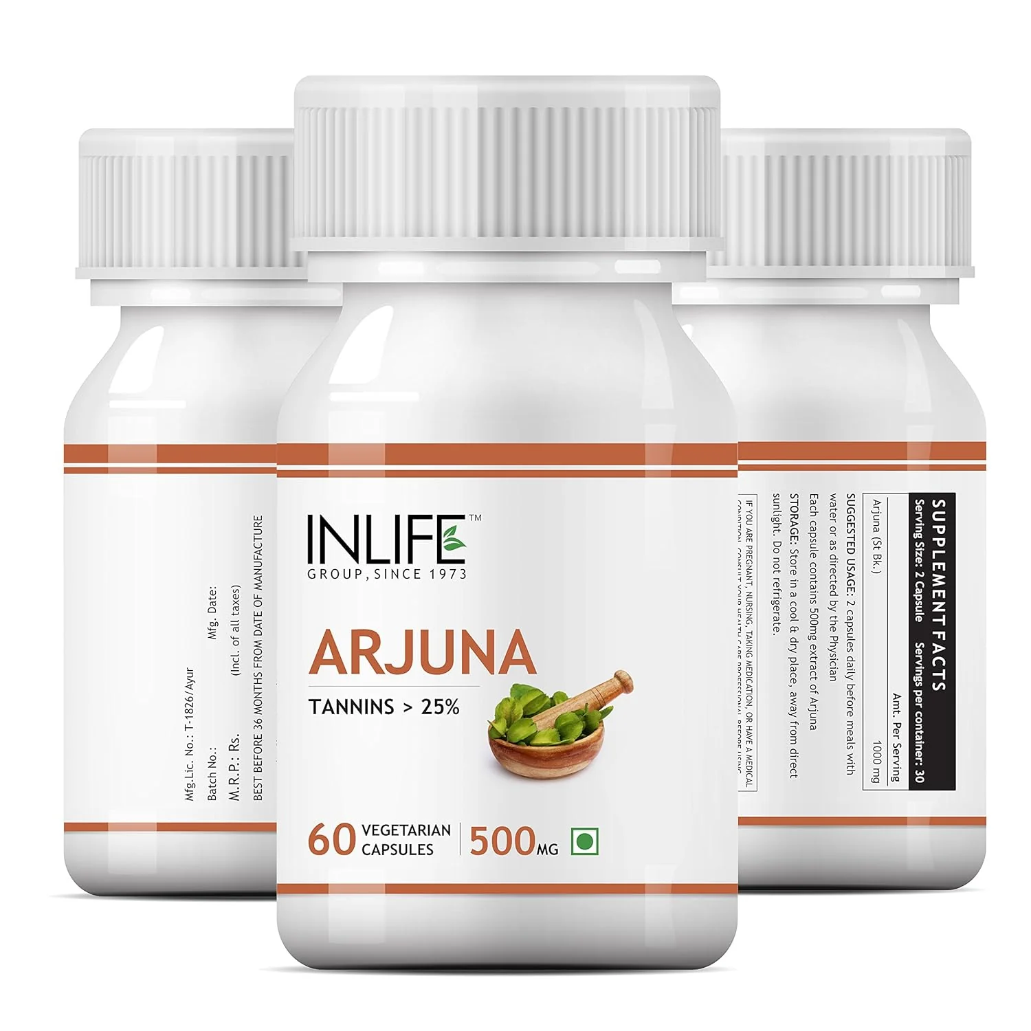 Inlife Arjuna Capsules 500mg, Herbal Extract, Better Absorption & Reduced Additives Than Tablets, Ayurvedic Supplement | 60 Vegetarian Capsules 100gm 0.2lbs Each Pack Of 2 - Image 3