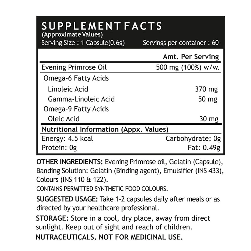 Inlife Evening Primrose Oil Capsules 500mg 10% Gamma Lionlenic Acid, Supplement For Hair & Skin | 60 Liquid Filled Capsules 100gm 0.2lbs Each Pack Of 2 - Image 2