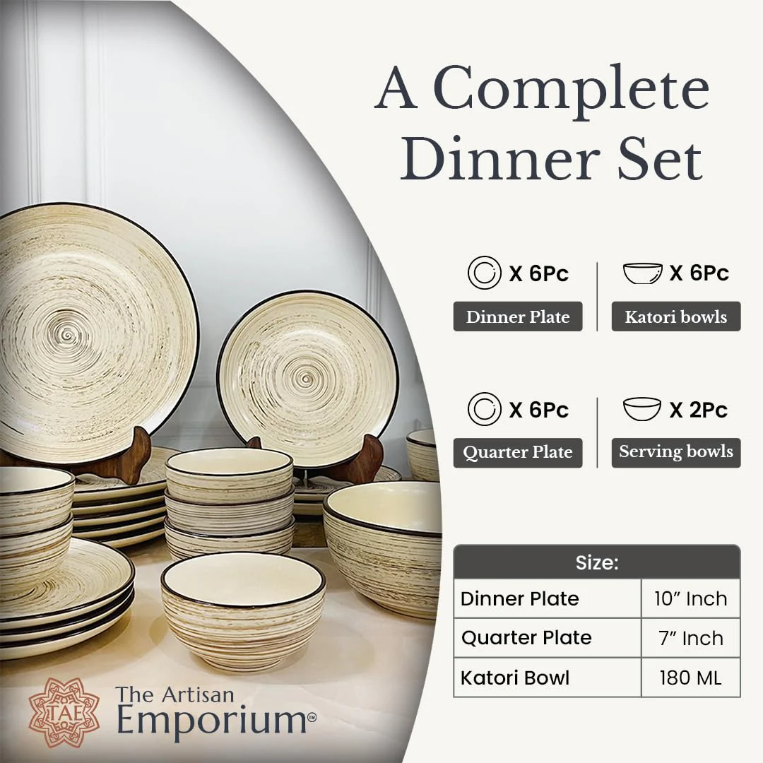 Iris Beige Hand Painted Ceramic Dinner Set Of 20 Pieces With Serving Bowls | 6 Dinner Plates + 6 Side Plates+ 6 Katori Bowls, 180ml Each + 2 Serving Bowls, 700ml Each | Serving For 6 - Image 5