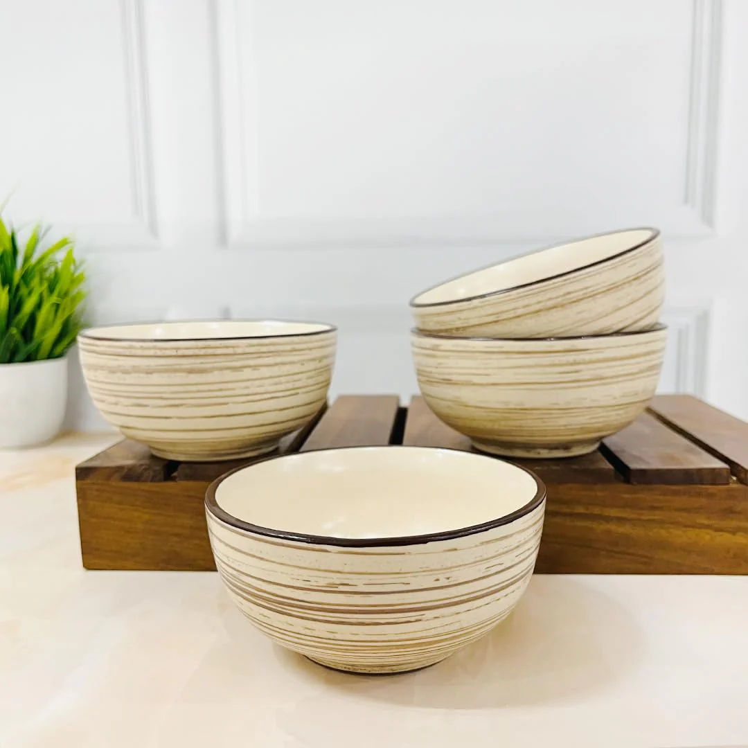 Iris Beige Handcrafted Ceramic Dinner Set - 10 Pieces | 4 Dinner Plates + 4 Katori Bowls, 180ml Each+ 2 Serving Bowls, 800ml Each Dinnerware Set | Serving For 4, Microwave Safe & Dishwasher Safe - Image 2