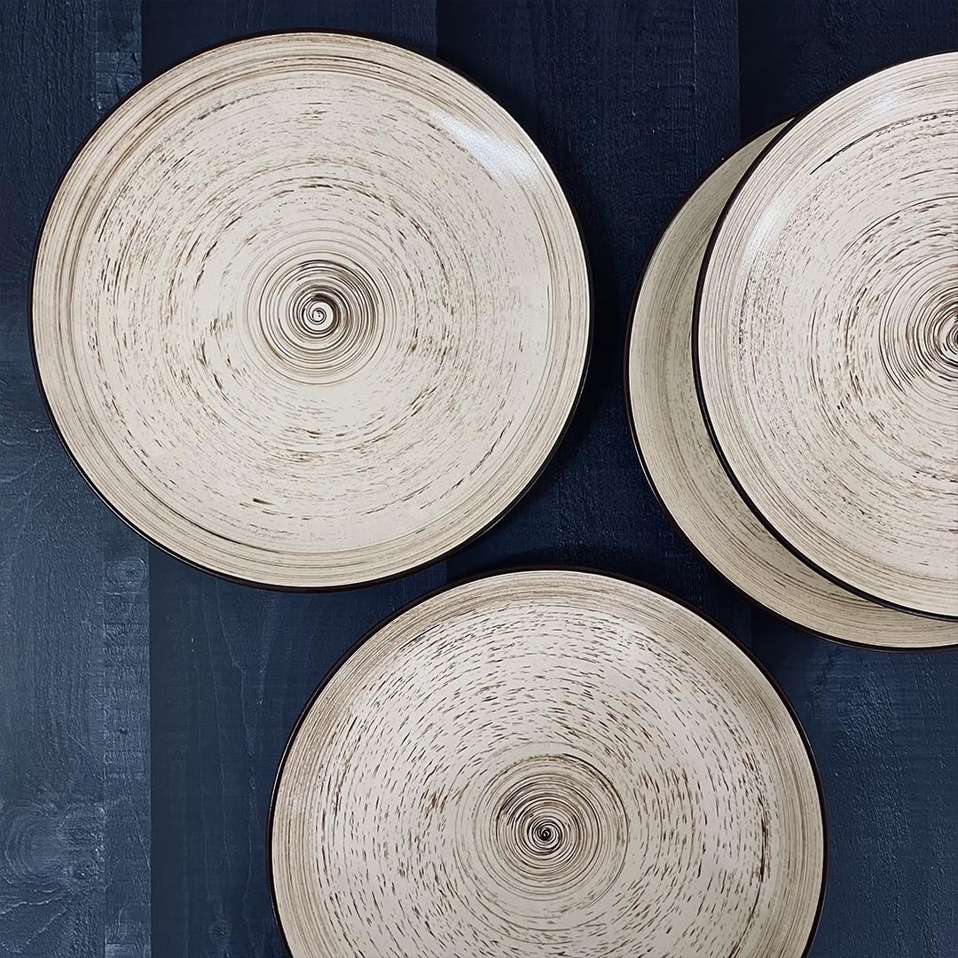 Iris Beige Handcrafted Ceramic Dinner Set - 10 Pieces | 4 Dinner Plates + 4 Katori Bowls, 180ml Each+ 2 Serving Bowls, 800ml Each Dinnerware Set | Serving For 4, Microwave Safe & Dishwasher Safe - Image 3