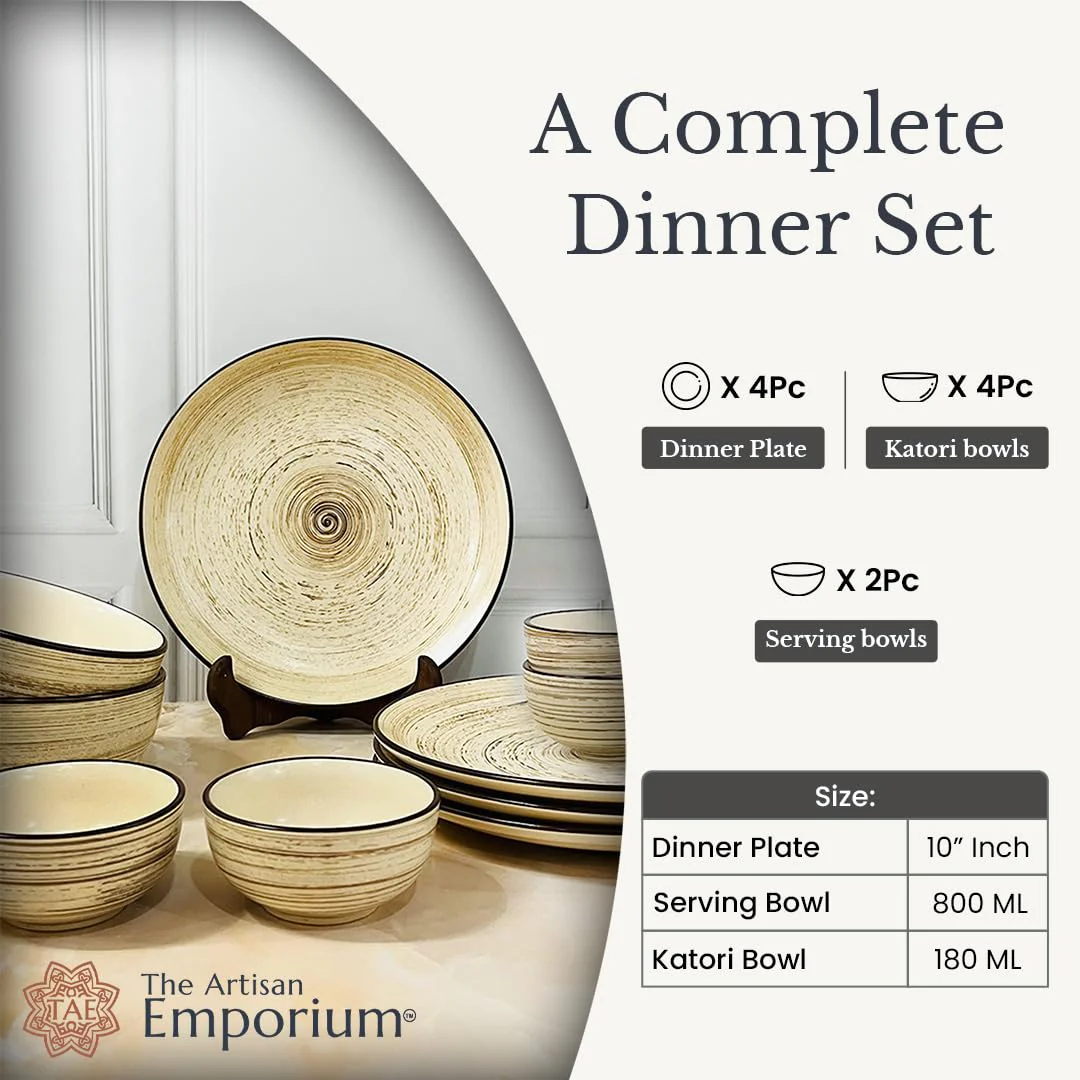 Iris Beige Handcrafted Ceramic Dinner Set - 10 Pieces | 4 Dinner Plates + 4 Katori Bowls, 180ml Each+ 2 Serving Bowls, 800ml Each Dinnerware Set | Serving For 4, Microwave Safe & Dishwasher Safe - Image 4