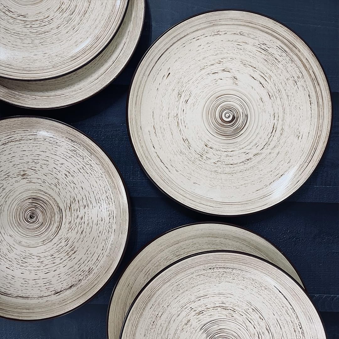 Iris Beige Handcrafted Ceramic Dinner Set - 12 Pieces | 6 Dinner Plates + 6 Katori Bowls, 180ml Each Dinnerware Set | Serving For 6, Microwave Safe & Dishwasher Safe - Image 3
