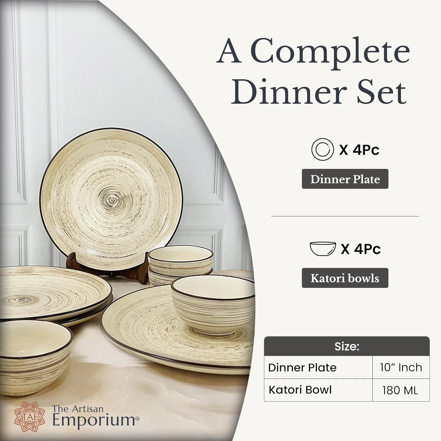 Iris Beige Handcrafted Ceramic Dinner Set - 8 Pieces | 4 Dinner Plates + 4 Katori Bowls, 180ml Each Dinnerware Set | Serving For 4, Microwave Safe & Dishwasher Safe - Image 5