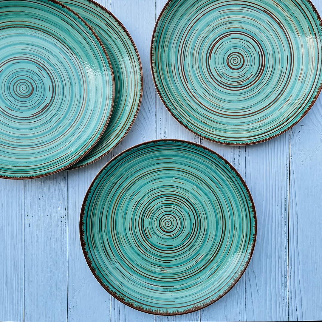 Iris Turquoise Handcrafted Ceramic Dinner Set - 10 Pieces | 4 Dinner Plates + 4 Katori Bowls, 180ml Each+ 2 Serving Bowls, 800ml Each Dinnerware Set | Serving For 4, Microwave Safe & Dishwasher Safe - Image 2