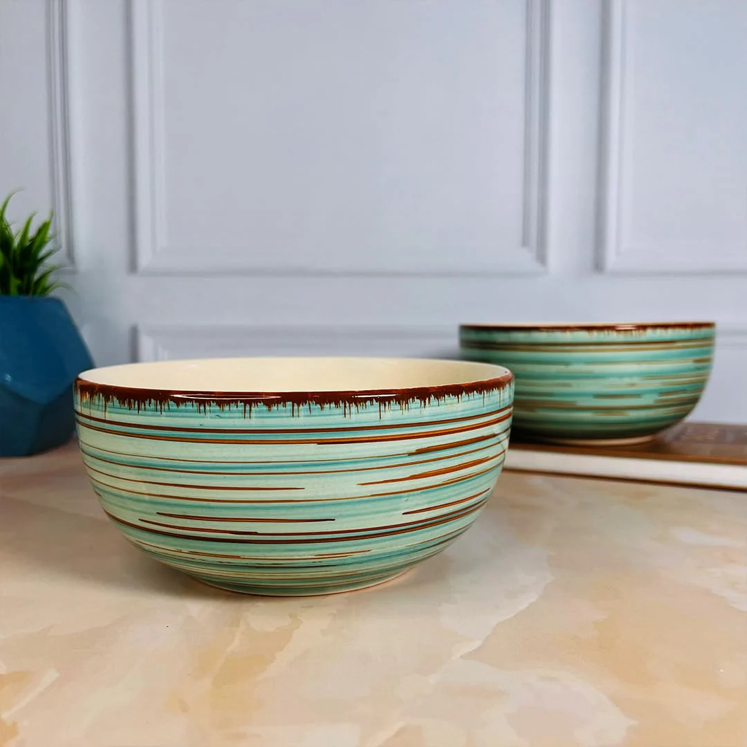 Iris Turquoise Handcrafted Ceramic Dinner Set - 10 Pieces | 4 Dinner Plates + 4 Katori Bowls, 180ml Each+ 2 Serving Bowls, 800ml Each Dinnerware Set | Serving For 4, Microwave Safe & Dishwasher Safe - Image 3