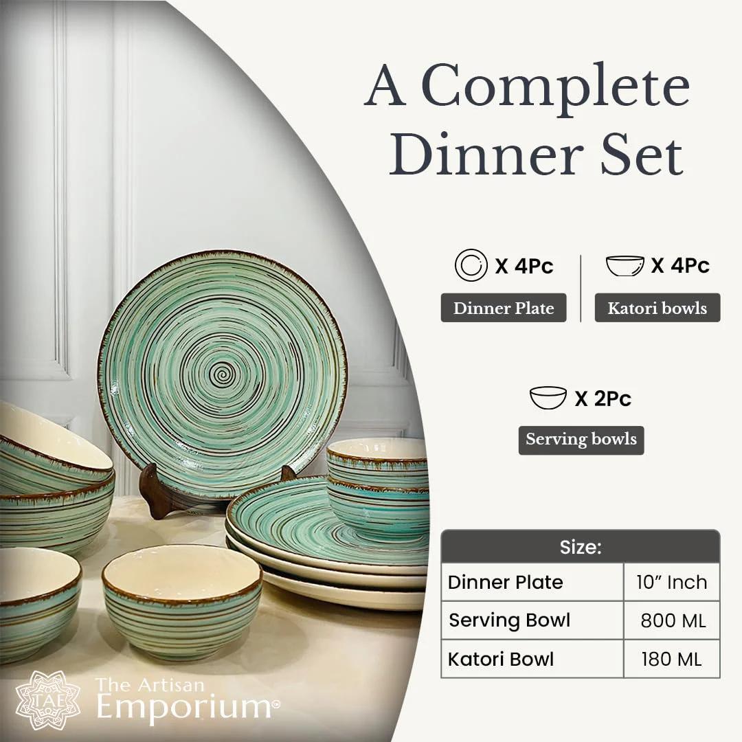 Iris Turquoise Handcrafted Ceramic Dinner Set - 10 Pieces | 4 Dinner Plates + 4 Katori Bowls, 180ml Each+ 2 Serving Bowls, 800ml Each Dinnerware Set | Serving For 4, Microwave Safe & Dishwasher Safe - Image 4