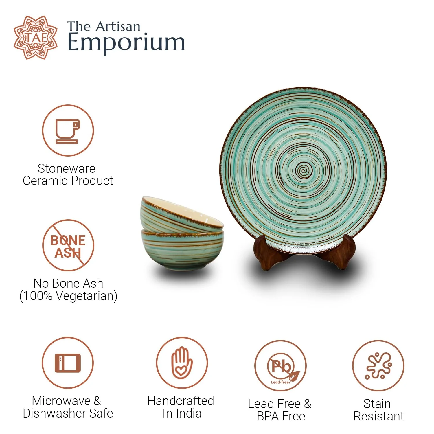 Iris Turquoise Handcrafted Ceramic Dinner Set - 10 Pieces | 4 Dinner Plates + 4 Katori Bowls, 180ml Each+ 2 Serving Bowls, 800ml Each Dinnerware Set | Serving For 4, Microwave Safe & Dishwasher Safe - Image 5