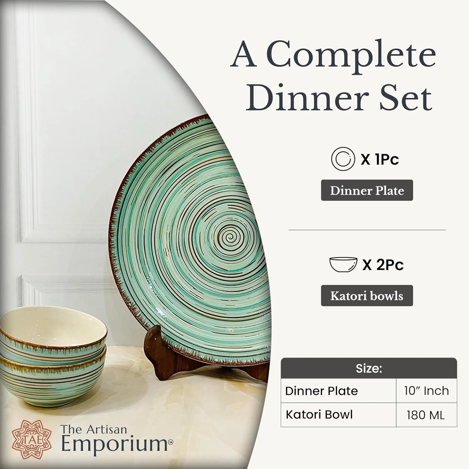 Iris Turquoise Handcrafted Ceramic Dinner Set - 3 Pieces | 1 Dinner Plate + 2 Katori Bowls, 180ml Each Dinnerware Set | Serving For 1, Microwave Safe & Dishwasher Safe - Image 4