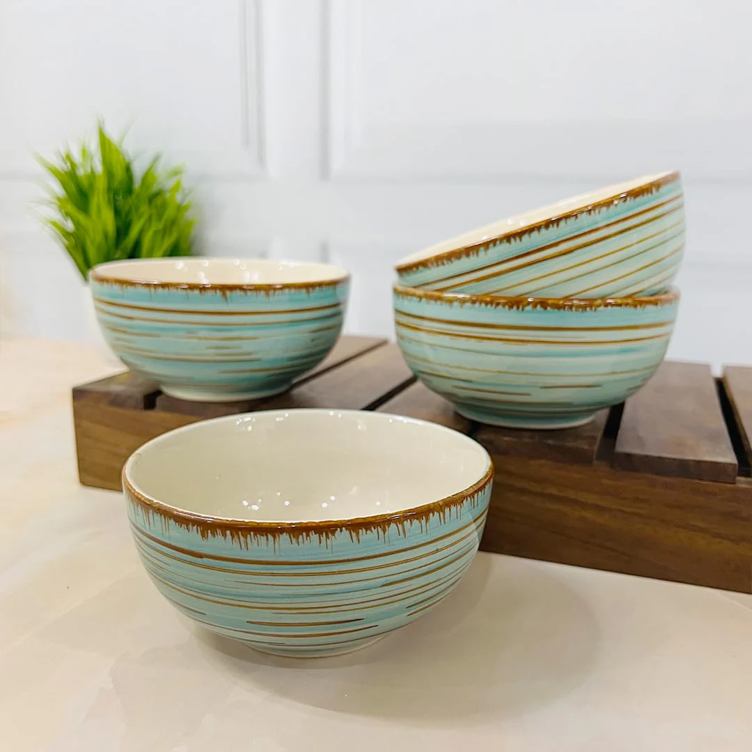 Iris Turquoise Handcrafted Ceramic Dinner Set - 8 Pieces | 4 Dinner Plates + 4 Katori Bowls, 180ml Each Dinnerware Set | Serving For 4, Microwave Safe & Dishwasher Safe - Image 2