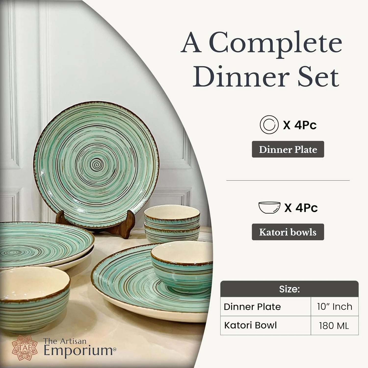 Iris Turquoise Handcrafted Ceramic Dinner Set - 8 Pieces | 4 Dinner Plates + 4 Katori Bowls, 180ml Each Dinnerware Set | Serving For 4, Microwave Safe & Dishwasher Safe - Image 5
